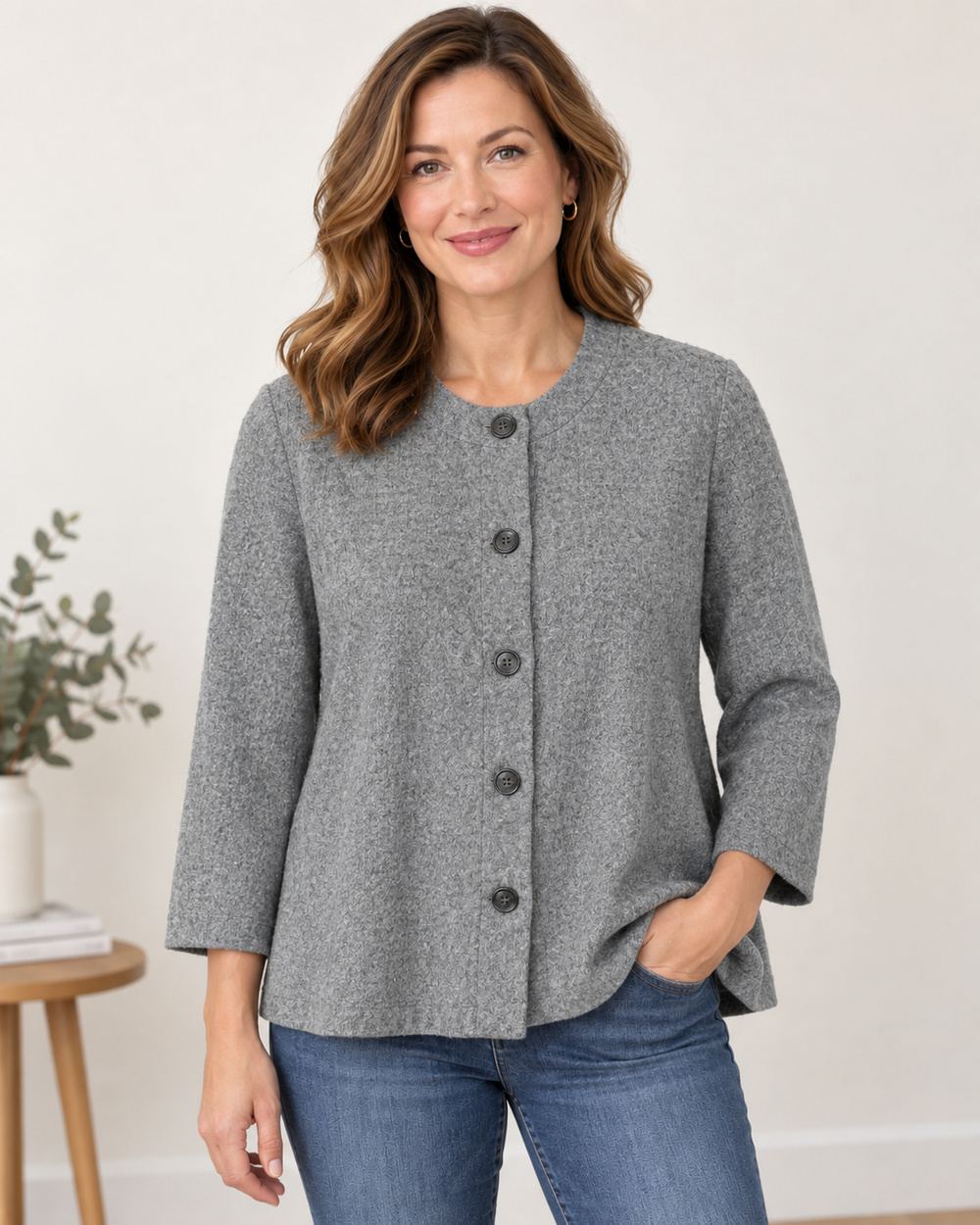 Orvis Womens 16 Gray Wool Blend Collarless Button Front Swing Jacket